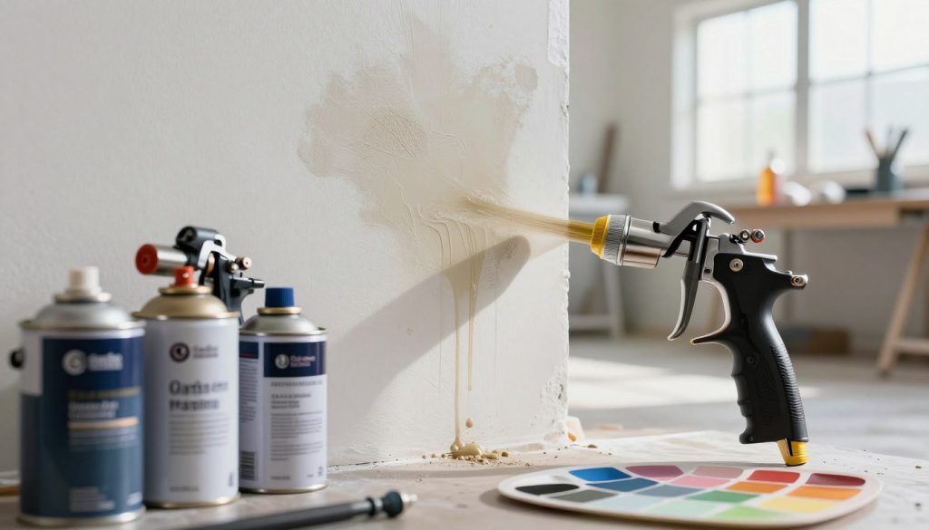 A detailed illustration focusing on the causes of stains in spray paint application. In the foreground, display various spray-painting equipment such as a spray gun, paint cans, and a color palette. The middle ground should feature a partially painted wall with visible imperfections like drips, uneven texture, and blemishes caused by poor application techniques. In the background, depict a well-lit workshop environment with ample natural light streaming in, highlighting the workspace atmosphere. Use a slightly blurred lens effect to emphasize the tools and wall while maintaining the workshop ambiance. The overall mood should be informative yet professional, conveying a sense of expertise and attention to detail. The brand name "Galpão das máquinas" should be subtly integrated into the workspace without overpowering the main image.