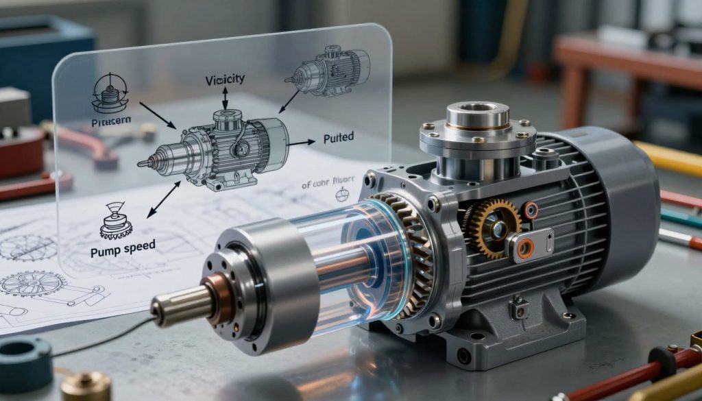 A detailed illustration focusing on the factors affecting the flow rate of hydraulic pumps. In the foreground, depict a hydraulic pump with transparent sections revealing its internal mechanisms, including gears and fluid pathways. In the middle ground, visualize a schematic diagram showing key factors influencing flow rate such as pressure, viscosity, and pump speed, represented by arrows and icons. In the background, include a workshop setting with engineered tools and blueprints scattered, creating an industrial atmosphere. Soft, ambient lighting emphasizes the technical details and casts gentle shadows. Use a slightly elevated angle to capture both the pump and the diagram effectively, ensuring clarity and focus on the hydraulic components. The overall mood should convey professionalism and a sense of technical exploration.