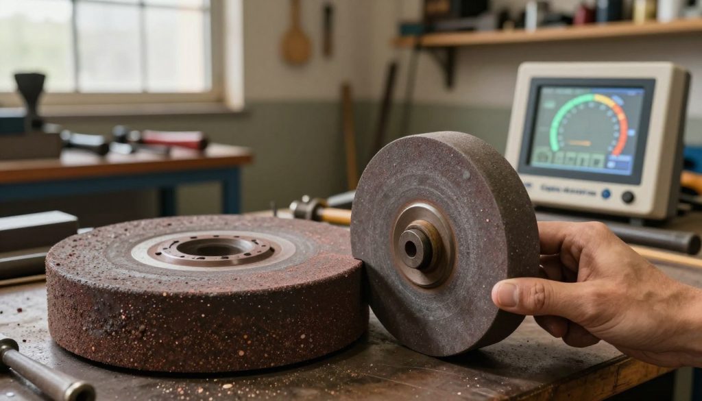 A detailed illustration focusing on various factors affecting the lifespan of a grindstone. In the foreground, depict a close-up of a well-used grindstone with visible signs of wear and tear, showing abrasive particles and varied textures. In the middle ground, include elements such as different types of grinding tools and a digital display measuring wear rate or temperature, indicating operational conditions. In the background, portray a workshop environment with tools on shelves and a large window allowing soft, natural light to filter in, creating a warm and industrious atmosphere. Highlight the brand "Galpão das máquinas" subtly on a tool or sign within the setting. The overall mood should be informative yet practical, suitable for an educational article.