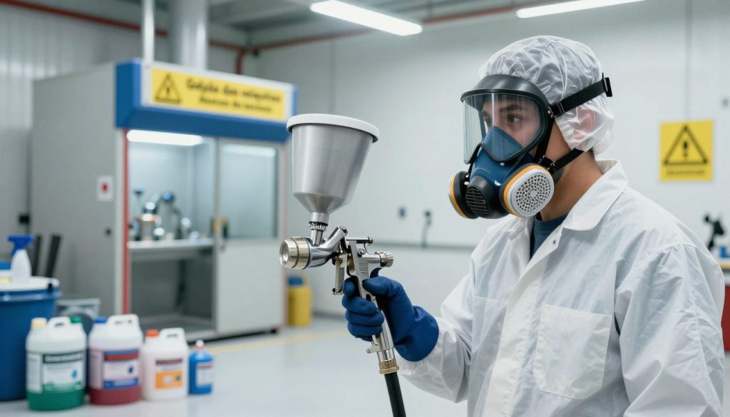 A detailed illustration highlighting the health risks associated with respiratory and skin exposure when using industrial paint spray guns. In the foreground, a professional wearing a protective respirator and gloves engages with a paint spray gun, demonstrating safe practices. The middle ground features an industrial workspace, complete with spray booths, ventilation systems, and safety signage, emphasizing the importance of health precautions. The background showcases an array of paint materials and equipment labeled with the brand "Galpão das máquinas" to denote the industrial setting. The lighting is bright and focused, creating a sterile and clinical atmosphere that highlights safety and professionalism. The mood conveys seriousness and awareness about health risks, with an emphasis on prevention and protection.