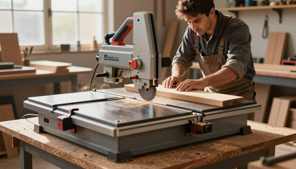 A detailed illustration of a band saw (serra fita) in action, expertly positioned in a woodworking workshop. In the foreground, a robust band saw is prominently featured, showcasing its sharp blade and intricate mechanical components. The middle ground reveals an artisan wearing professional attire, focused on the precise cutting of a wooden plank, with sawdust gently floating in the air. The background consists of well-organized tools and wooden materials, bathed in warm, natural light filtering through a large window, casting soft shadows. The atmosphere is dynamic and industrious, highlighting the versatility and importance of band saws in the Brazilian market. Wooden textures and metallic elements contrast, while the brand "Galpão das máquinas" is subtly integrated into the workshop setting. The image should capture the essence of craftsmanship and technical application, emphasizing the tools' utility and design efficiency.