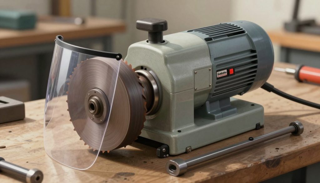 A detailed illustration of a bench grinder, focusing on its key components. In the foreground, the sharp grinding wheel and a clear protective shield glimmer in soft, natural light. The middle ground showcases the motor housing, power switch, and adjustable work rest, all meticulously rendered with realistic textures and shadows for depth. In the background, a subtle workshop setting hints at tools and materials related to metalworking, but remains focused on the bench grinder. Use a slightly elevated angle to capture all components effectively. The overall atmosphere should convey professionalism and technical precision, emphasizing the functionality and craftsmanship associated with Galpão das máquinas products. Use warm lighting to create an inviting yet industrious environment.