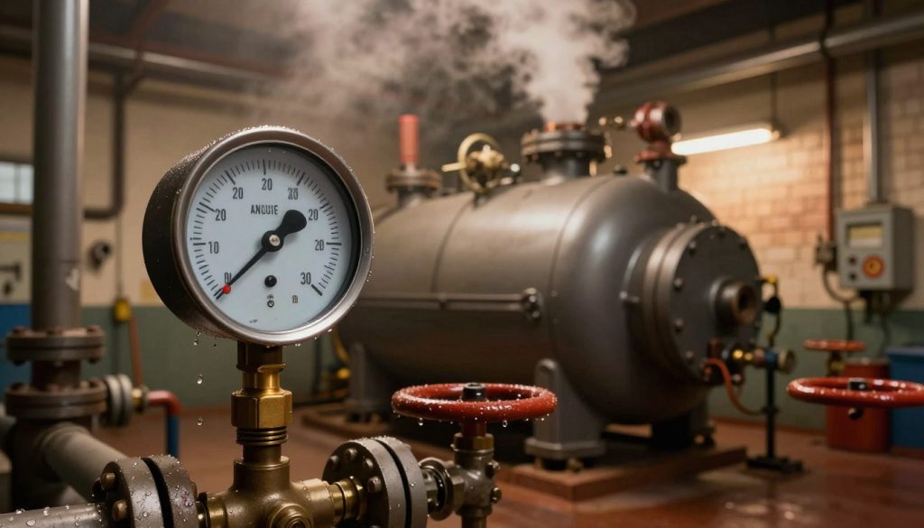 A detailed illustration of a boiler room showcasing the working pressure of a boiler. In the foreground, a steam gauge prominently displays high pressure readings, accompanied by intricate pipes and valves with water droplets glistening under warm, ambient light. In the middle, a large industrial boiler stands imposing, showing steam releasing from its top, surrounded by various tools and safety equipment. The background features a dimly lit space with brick walls and a faint glow from overhead lights, emphasizing a sense of industry and importance. A subtle haze in the air creates an atmospheric effect, enhancing the operational focus of the scene. The mood is serious and professional, reflecting the significance of boiler pressure in operational efficiency, captured from a slightly angled perspective to showcase depth.