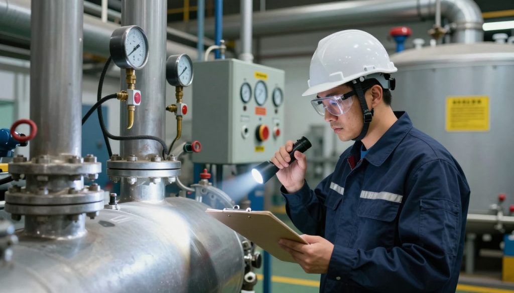 A detailed illustration of a boiler safety inspection scene in an industrial setting. In the foreground, a professional technician wearing a safety helmet and goggles conducts a thorough check of a large industrial boiler, holding a clipboard and a flashlight. The middle ground shows various safety equipment, including gauges, emergency shut-off controls, and clear signage on safety protocols. The background features industrial pipes and machinery, with soft, diffused lighting creating a focused atmosphere. The setting should emphasize cleanliness and compliance with safety regulations, portraying a sense of diligence and professionalism. The overall mood is serious and attentive, revealing the critical importance of boiler safety in industrial operations.