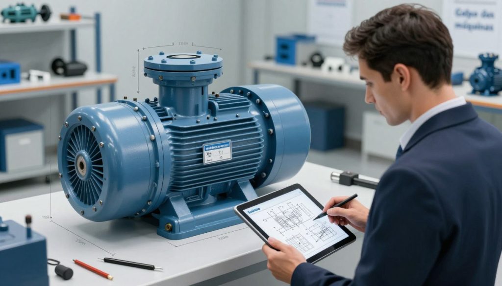 A detailed illustration of a centrifugal pump dimensioning process showcasing a professional engineer analyzing pump specifications. In the foreground, a focused engineer in professional business attire is examining technical drawings and diagrams on a digital tablet. The middle ground features a large, prominently displayed centrifugal pump with labeled dimensions and engineering tools. The background has a clean, high-tech workshop environment with shelves containing additional machinery and tools. Soft, focused lighting highlights the pump and engineer, creating a serious and professional atmosphere. The overall color scheme is crisp, with shades of blue and gray to reflect a technical setting. The brand name "Galpão das máquinas" is subtly integrated into the design of the workshop environment, ensuring a cohesive look without distracting from the main subject. A detailed illustration of a centrifugal pump dimensioning process showcasing a professional engineer analyzing pump specifications. In the foreground, a focused engineer in professional business attire is examining technical drawings and diagrams on a digital tablet. The middle ground features a large, prominently displayed centrifugal pump with labeled dimensions and engineering tools. The background has a clean, high-tech workshop environment with shelves containing additional machinery and tools. Soft, focused lighting highlights the pump and engineer, creating a serious and professional atmosphere. The overall color scheme is crisp, with shades of blue and gray to reflect a technical setting. The brand name "Galpão das máquinas" is subtly integrated into the design of the workshop environment, ensuring a cohesive look without distracting from the main subject.
