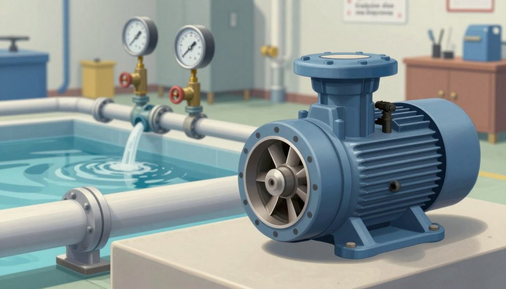 A detailed illustration of a centrifugal pump showcasing the concept of Net Positive Suction Head (NPSH). In the foreground, feature a close-up of the pump's suction side, with clear emphasis on the inlet, volute, and impeller. The middle ground should include a pipeline connecting the pump to a water source, with pressure gauges and valves, visually representing hydraulic flow dynamics. In the background, depict a well-lit industrial setting with machinery and tools, highlighting a professional atmosphere. Use soft, diffused lighting to create a calm and informative mood. The perspective should be slightly angled to give depth. Include the brand name "Galpão das máquinas" subtly integrated into the environment. A detailed illustration of a centrifugal pump showcasing the concept of Net Positive Suction Head (NPSH). In the foreground, feature a close-up of the pump's suction side, with clear emphasis on the inlet, volute, and impeller. The middle ground should include a pipeline connecting the pump to a water source, with pressure gauges and valves, visually representing hydraulic flow dynamics. In the background, depict a well-lit industrial setting with machinery and tools, highlighting a professional atmosphere. Use soft, diffused lighting to create a calm and informative mood. The perspective should be slightly angled to give depth. Include the brand name "Galpão das máquinas" subtly integrated into the environment.