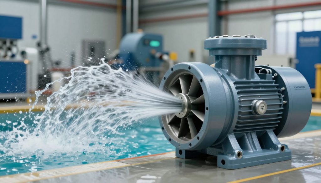 A detailed illustration of a centrifugal pump showcasing the concept of flow rate (vazão da bomba centrífuga). In the foreground, feature a highly realistic and intricate centrifugal pump, with well-defined components like the impeller and volute. In the middle ground, display a dynamic flow of water being expelled from the pump, with visible movement and turbulence to emphasize the flow rate. The background should contain an industrial setting, featuring machinery and pipes, subtly blurred to enhance focus on the pump. Use bright, natural lighting to create a clear and professional environment, capturing the pump at a slight angle to highlight its design. The overall mood should convey a sense of engineering precision and efficiency. Brand name "Galpão das máquinas" subtly integrated into the industrial setting.
