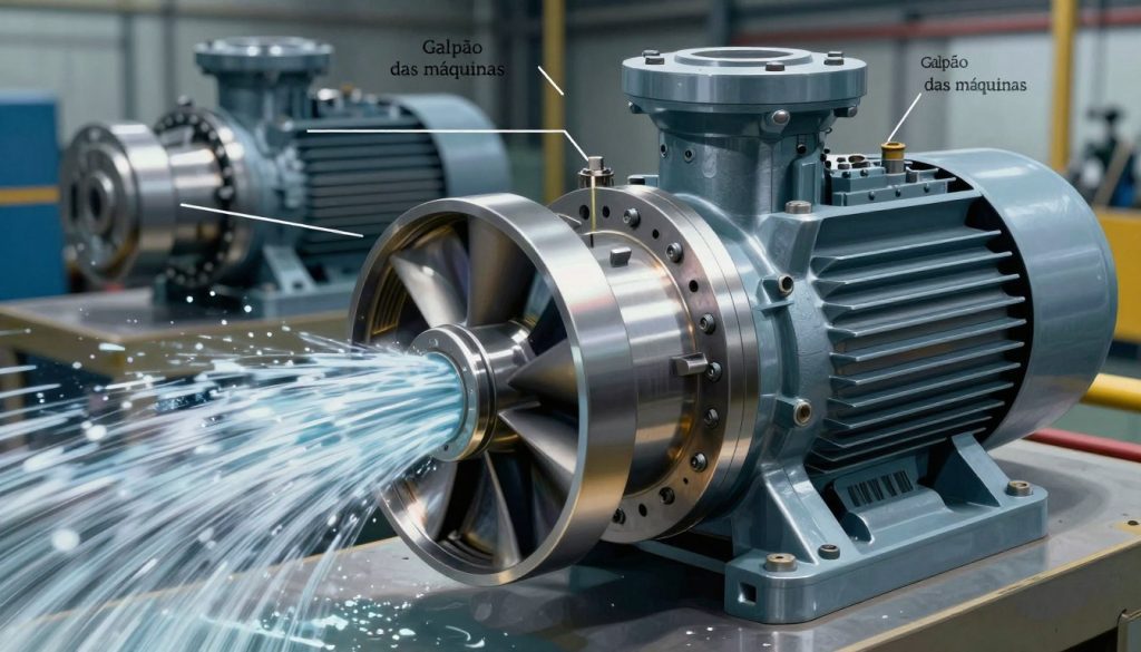 A detailed illustration of a centrifugal pump’s working mechanism, highlighting key components such as the impeller, volute, and motor. In the foreground, show a close-up of the impeller in motion, with water being pushed outward, creating dynamic fluid movement. In the middle ground, display the pump housing with labeled parts for educational clarity. The background should have an industrial setting, with blurred machinery giving context to its application. Use dramatic lighting to emphasize the metallic textures and reflectivity of the pump. The viewpoint should be slightly tilted for a dynamic perspective. Overall, convey a sense of efficiency and engineering precision, suitable for an illustration by "Galpão das máquinas."