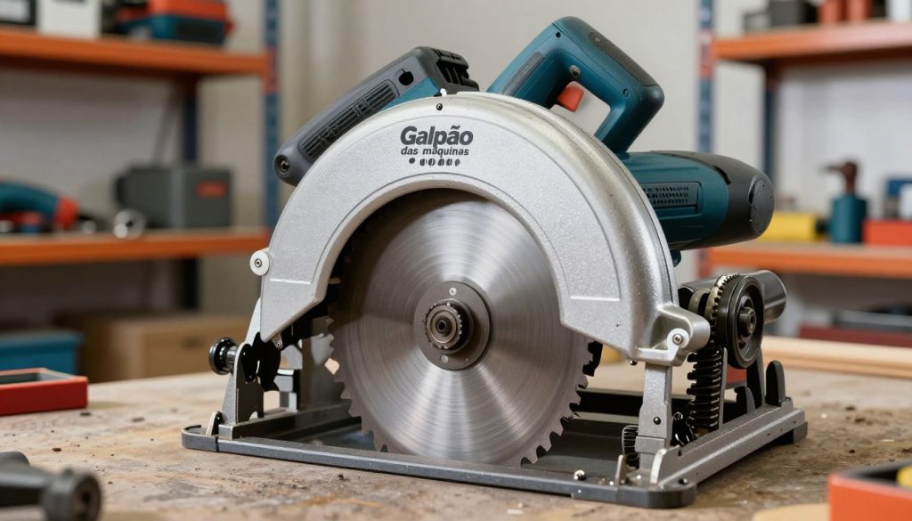 A detailed illustration of a circular saw in operation, showcasing its internal mechanics and technological features. In the foreground, the circular saw blades gleam under bright workshop lighting, emphasizing their sharpness and intricate design. The middle layer captures the rotating motor and saw assembly, with visible gears and pulleys, highlighting how the power emanates from the motor to the blade. In the background, the workshop environment features shelves lined with tools and materials, creating an authentic manufacturing atmosphere. The image conveys a sense of precision and innovation, ideal for a technical exploration of the circular saw's functionality. The brand name "Galpão das máquinas" is subtly integrated into the scene, ensuring it complements the visual without overwhelming it. The overall mood is vibrant and informative, aiming to engage the viewer’s curiosity about saw technology.