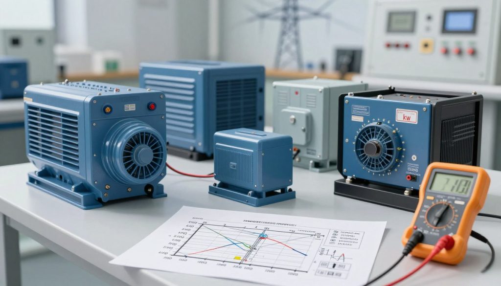 A detailed illustration of a complex electrical generator setup, focusing on the differentiation between kVA and kW measurements. In the foreground, show a well-organized, technical workspace with electrical schematics and graphs prominently displaying kVA and kW values alongside a digital multimeter. In the middle, include a variety of generators labeled with their capacities, showcasing subtle differences in design and size. The background should be a blurred view of an industrial setting, perhaps with a subtle hint of power transmission lines or control panels. The lighting is bright and clinical, emphasizing accuracy and professionalism, while the angle is slightly above eye-level, providing a comprehensive overview. The atmosphere is focused and enlightening, ideal for conveying technical knowledge.