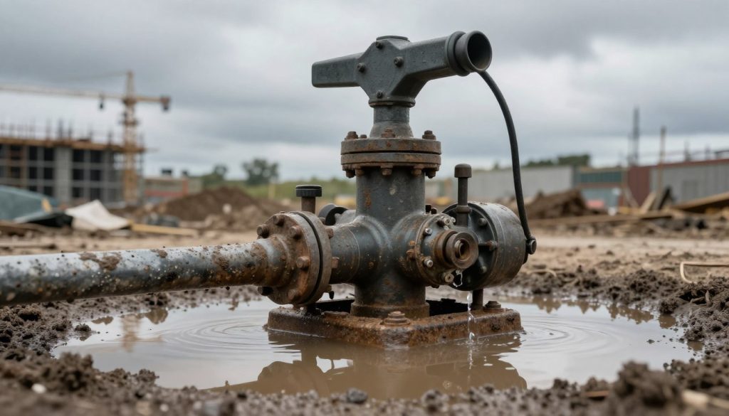 A detailed illustration of a dirty water pump, prominently featured in the foreground with its mechanics exposed, showcasing rust and grime. The pump should appear bulky and industrial, with pipes connected to it revealing murky water. In the middle ground, a muddy puddle reflects the condition of the pump, emphasizing its functionality in a challenging environment. The background should consist of a blurred construction site, with a cloudy sky casting diffused lighting, creating a somber, gritty atmosphere. Use a slightly low angle to highlight the pump's imposing structure, capturing the textures and details of its surface. The overall mood should evoke a sense of hard work and utility in dealing with contaminated water.