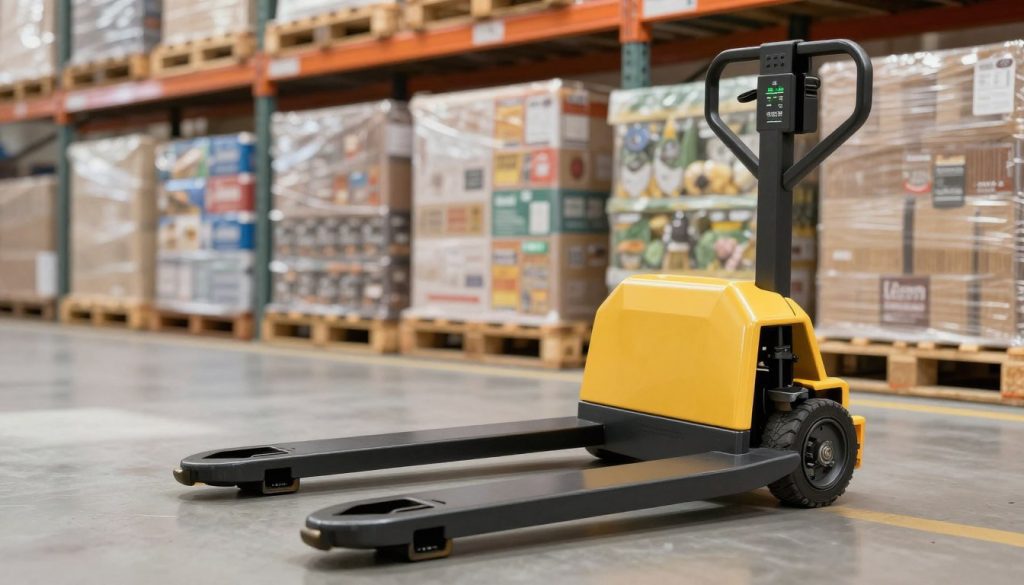 A detailed illustration of a hand pallet truck, prominently featuring its load capacity specifications, set against a warehouse environment. In the foreground, show the hand pallet truck with its fork fully elevated, demonstrating its lifting mechanism and load display metrics clearly visible. In the middle background, include an array of neatly stacked pallets loaded with various goods to signify maximum capacity, while ensuring the warehouse interior is well-lit, showcasing industrial shelving. Utilize soft, natural lighting to create a clean, professional atmosphere, as if taken with a 50mm lens from a slightly low angle to emphasize the pallet truck's strength. The branding “Galpão das máquinas” should be subtly integrated into the design of the pallet truck. The overall mood is informative and focused, suitable for a technical article.