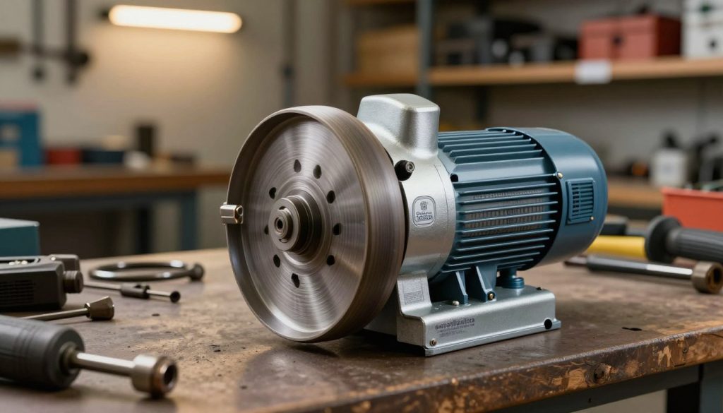 A detailed illustration of a high-quality "esmerilhadeira" (grinder) by Galpão das máquinas, prominently displayed in the foreground. The grinder is shown with its key components clearly visible, including the wheel, motor housing, and adjustable guard, in a sleek metallic finish with a hint of industrial blue accents. In the middle ground, a cluttered workshop includes various tools and equipment, with a workbench holding additional components for maintenance. The background is softly blurred, hinting at shelves filled with spare parts and a warm glow from overhead lights, creating a focused and productive atmosphere. The image is well-lit, emphasizing the shine of the grinder, with a slight angle that provides a dynamic perspective. The overall mood conveys expertise and diligence in machinery maintenance.
