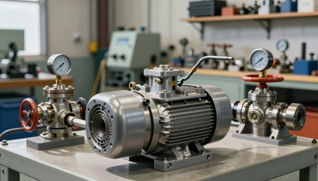 A detailed illustration of a hydraulic pump and valves in an industrial setting. The foreground features a close-up view of a sleek hydraulic pump with visible piping and connections, showcasing its metallic surface. Surrounding the pump, several valves are depicted, displaying intricate designs and gauges. The middle ground presents a factory environment with machinery and tools in a well-lit workshop, emphasizing the technical aspects of hydraulic systems. In the background, shelves filled with hydraulic components create depth. The lighting is bright and natural, casting soft shadows to enhance detail. The overall mood is focused and professional, capturing the essence of engineering and technology in a hydraulic system. A detailed illustration of a hydraulic pump and valves in an industrial setting. The foreground features a close-up view of a sleek hydraulic pump with visible piping and connections, showcasing its metallic surface. Surrounding the pump, several valves are depicted, displaying intricate designs and gauges. The middle ground presents a factory environment with machinery and tools in a well-lit workshop, emphasizing the technical aspects of hydraulic systems. In the background, shelves filled with hydraulic components create depth. The lighting is bright and natural, casting soft shadows to enhance detail. The overall mood is focused and professional, capturing the essence of engineering and technology in a hydraulic system.