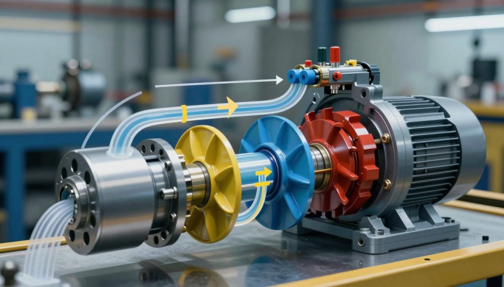 A detailed illustration of a hydraulic pump functioning, showcasing its internal components and the flow of hydraulic fluid. In the foreground, clearly visible are the essential parts like the motor, impellers, and valves, depicted in metallic and vibrant colors for clarity. The middle ground features fluid dynamics, represented by arrows and flow lines demonstrating the movement of hydraulic fluid. The background includes a blurred industrial setting, emphasizing the context of hydraulic systems. The lighting is bright and focused, highlighting the pump's mechanics while creating a sense of depth. The overall mood is technical and informative, suitable for an educational article. The image should be highly detailed, but free of any text, captions, or watermarks.