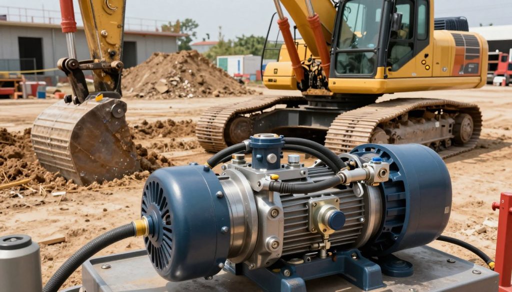 A detailed illustration of a hydraulic pump in action within a heavy machinery context. In the foreground, show the hydraulic pump prominently with visible intricate components like hoses, valves, and metal casing. The middle ground features a heavy excavator, showcasing the integration of the hydraulic pump, with its powerful arms extended towards the viewer. In the background, a construction site with earth being moved, emphasizing the pump's role in powering heavy equipment. The scene is bathed in natural sunlight, casting realistic shadows and reflections, enhancing the industrial atmosphere. Capture the image from a slightly elevated angle, creating a dynamic perspective that showcases both the pump and machinery effectively. Aim for a professional and industrious mood, highlighting the efficiency and importance of hydraulic systems in heavy machinery operations.