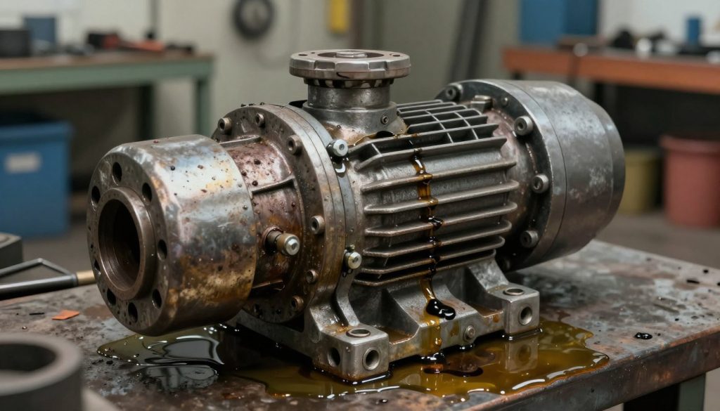 A detailed illustration of a hydraulic pump showcasing visible signs of contamination and damage. In the foreground, focus on the intricate parts of the pump, including corroded metal surfaces, discoloration, and oil leaks. In the middle ground, depict hydraulic fluid with a murky appearance pooling beneath the pump, highlighting the effects of contamination. The background should feature a mechanical workshop with tools and equipment, under soft, diffused lighting to create a somber atmosphere that conveys the seriousness of equipment failure. Use a slightly angled perspective to emphasize the pump's condition, adding depth to the composition. The overall mood should feel industrial and authoritative, capturing the critical impact of oil contamination on hydraulic systems.