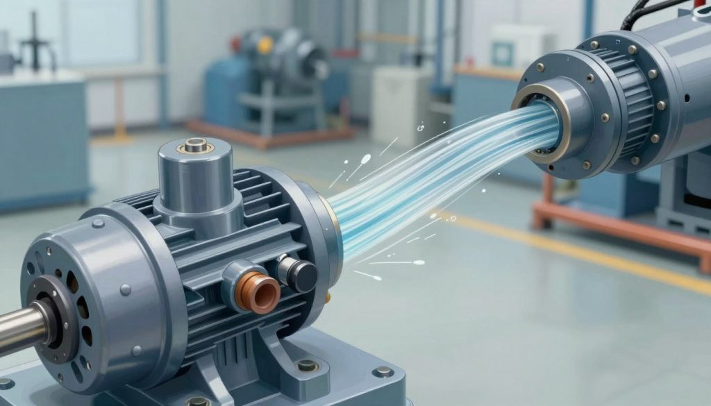 A detailed illustration of a hydraulic pump system focused on preventing cavitation. In the foreground, display a close-up view of the hydraulic pump with clear technical features, such as smooth surfaces and realistic valves. The middle ground should showcase the flow of fluid, depicted with dynamic lines to indicate movement and pressure. In the background, incorporate industrial elements like pipes and machinery in a factory-like setting, enhanced with soft, diffused lighting to create an informative yet calm atmosphere. The image should have a professional tone, emphasizing the technical nature of the subject, and utilize an angled perspective to add depth, highlighting both the hydraulic components and the essence of cavitation prevention.