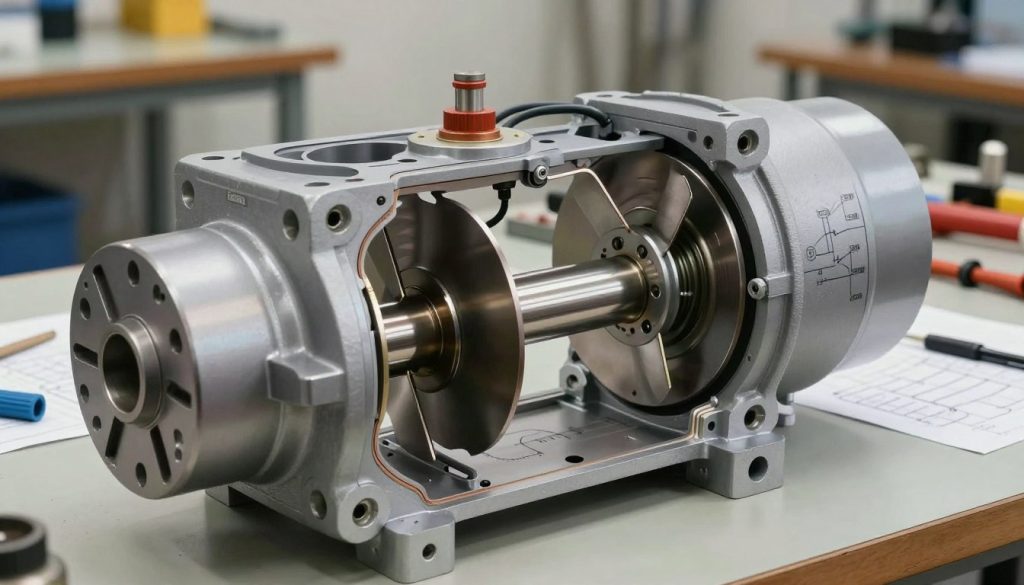 A detailed illustration of a hydraulic vane pump, showcasing its inner workings. In the foreground, focus on the pump's cross-section, highlighting the rotor and vanes with intricate mechanical details and labels. The middle layer should display connecting pipes and basic schematic diagrams representing fluid flow. In the background, create a neutral-colored workshop setting with tools and diagrams on a workbench, emphasizing a technical atmosphere. Use soft, natural lighting to enhance the textures of the pump components, with a slight focus blur on the background for depth. Capture the essence of engineering and functionality, evoking curiosity about the principles of operation behind the hydraulic vane pump. The image should be clean and professional, containing no text or distracting elements.
