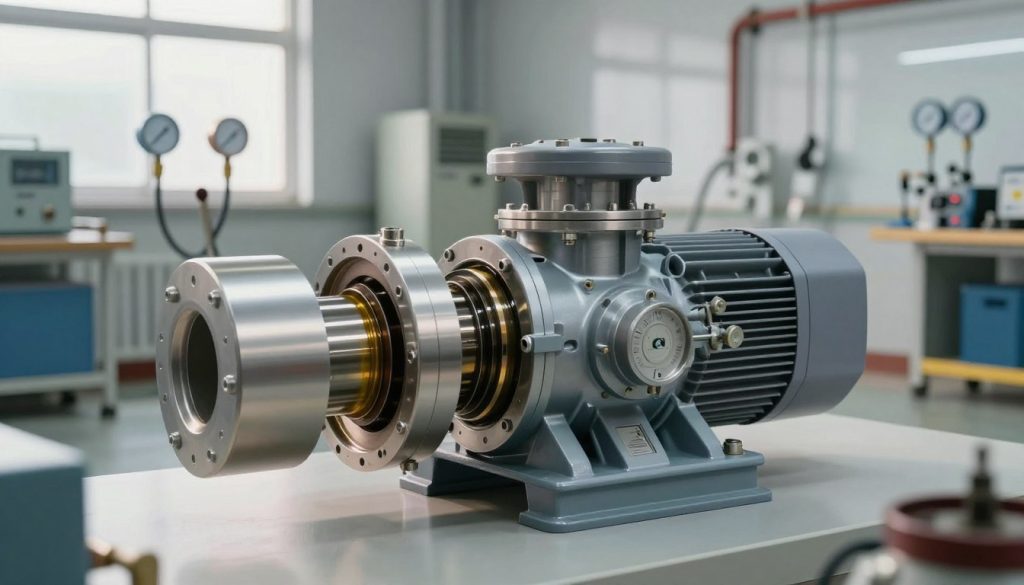 A detailed illustration of a liquid ring vacuum pump set in a modern industrial environment. In the foreground, showcase the pump with visible components including the rotor, housing, and liquid ring, accentuating the sleek metal design. The middle ground features tools and equipment related to the pump operation, such as pressure gauges and pipes, indicating an active workspace. The background should display an ambient workshop with soft, natural lighting filtering through large windows, casting gentle shadows. Use a wide-angle perspective to emphasize the scale of the pump and its surroundings. The mood is professional and technical, reflecting the intricate workings of vacuum technology.