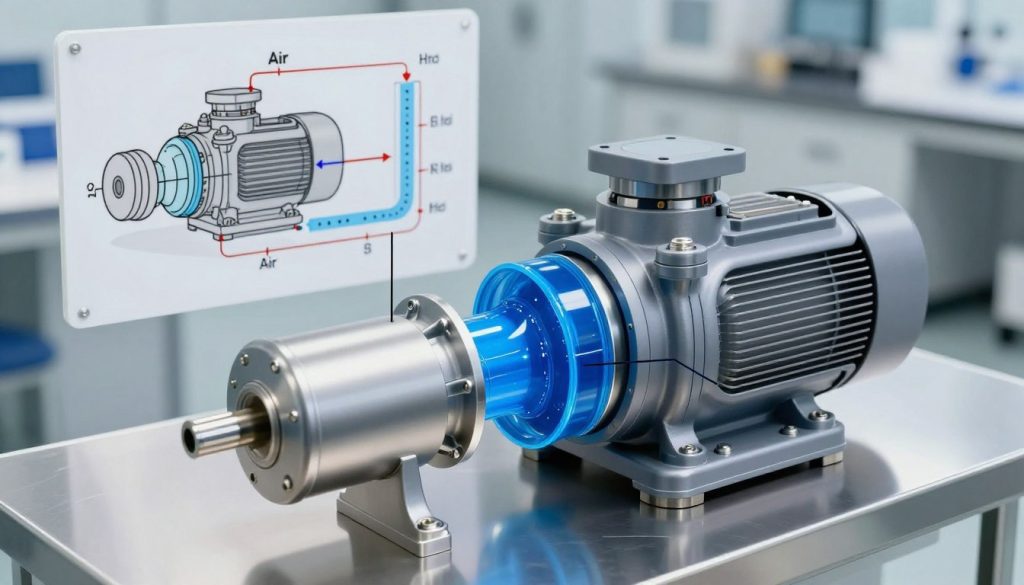 A detailed illustration of a liquid ring vacuum pump system, showcasing its operational components. In the foreground, highlight the pump's casing with labeled parts like the impeller and the liquid ring illustrated in vibrant blue fluid. In the middle background, include a schematic flow diagram depicting air intake and exhaust pathways, emphasizing the continuous cycle of gas displacement. The setting should be a clean, modern laboratory with stainless steel surfaces, with soft, diffused lighting that enhances the technical details while creating a professional atmosphere. Use a slightly elevated angle to capture the complexity of the system and the interconnected components, evoking a sense of innovation and high performance in vacuum technology.