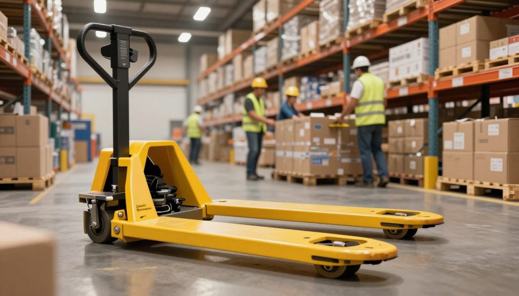 A detailed illustration of a manual pallet jack in a bustling warehouse environment, emphasizing its importance in logistics operations. In the foreground, the robust, metallic manual pallet jack, painted in bright industrial colors, stands ready for use, showcasing its ergonomic handle and wheels designed for maneuverability. In the middle, warehouse workers in professional attire efficiently organize pallets loaded with boxes, demonstrating teamwork. In the background, high shelves stocked with various goods under bright overhead lights create a dynamic atmosphere of productivity. The entire scene is captured from a slightly low angle to accentuate the height of the shelves and the scale of the operation, with a warm, industrial lighting that gives a sense of urgency and importance to the workflow. Include the brand name "Galpão das máquinas" subtly on the pallet jack. A detailed illustration of a manual pallet jack in a bustling warehouse environment, emphasizing its importance in logistics operations. In the foreground, the robust, metallic manual pallet jack, painted in bright industrial colors, stands ready for use, showcasing its ergonomic handle and wheels designed for maneuverability. In the middle, warehouse workers in professional attire efficiently organize pallets loaded with boxes, demonstrating teamwork. In the background, high shelves stocked with various goods under bright overhead lights create a dynamic atmosphere of productivity. The entire scene is captured from a slightly low angle to accentuate the height of the shelves and the scale of the operation, with a warm, industrial lighting that gives a sense of urgency and importance to the workflow. Include the brand name "Galpão das máquinas" subtly on the pallet jack.
