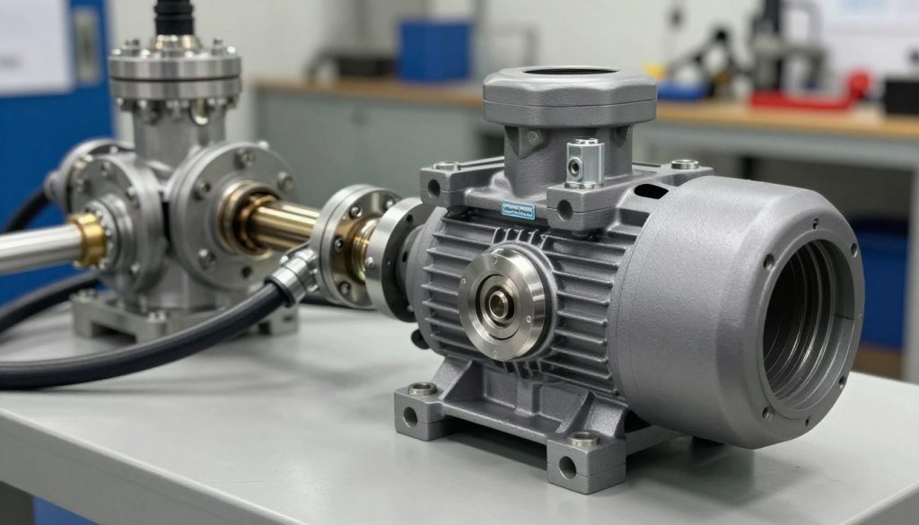 A detailed illustration of a positive displacement pump, showcasing its intricate design and functioning components. In the foreground, highlight the pump itself with clear visibility of the housing, rotors, and connection ports, emphasizing its robust and industrial appearance. In the middle ground, display pipes and hoses connected to the pump, illustrating its application in a mechanical or industrial setting. In the background, softly blurred machinery and tools to suggest a workshop environment. The lighting is bright, emphasizing metallic surfaces and creating a professional atmosphere, with a focus on clarity and precision. Capture the essence of engineering and efficiency. Include the brand name "Galpão das máquinas" discreetly integrated into the scene. A detailed illustration of a positive displacement pump, showcasing its intricate design and functioning components. In the foreground, highlight the pump itself with clear visibility of the housing, rotors, and connection ports, emphasizing its robust and industrial appearance. In the middle ground, display pipes and hoses connected to the pump, illustrating its application in a mechanical or industrial setting. In the background, softly blurred machinery and tools to suggest a workshop environment. The lighting is bright, emphasizing metallic surfaces and creating a professional atmosphere, with a focus on clarity and precision. Capture the essence of engineering and efficiency. Include the brand name "Galpão das máquinas" discreetly integrated into the scene.