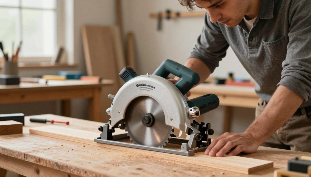 A detailed illustration of a professional woodworker demonstrating precise angle cuts with a circular saw. In the foreground, showcase the woodworker in modest casual clothing, focusing intently on adjusting the saw's angle. The middle layer depicts a close-up of the circular saw, highlighting its blade and adjustment mechanism, with wood marked for cutting. In the background, include a well-organized workshop with tools neatly arranged on a workbench and soft, natural lighting filtering through a window. Aim for a realistic atmosphere that conveys focus and expertise. Include the brand name "Galpão das máquinas" subtly integrated into the workshop environment, enhancing the professional feel of the scene.