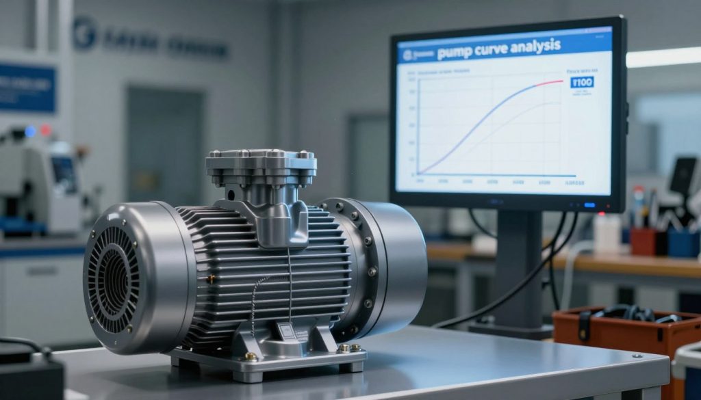 A detailed illustration of a "pump curve analysis," featuring a modern centrifugal pump in the foreground with its characteristic performance curve displayed on a digital screen. The pump should be depicted in a sleek, professional workshop environment with organized tools and machinery in the background. Soft, ambient lighting highlights the contours of the pump while focused lighting illuminates the performance curve, making it clear and visually engaging. The atmosphere conveys a sense of technical proficiency and innovation, ideal for engineering applications. Include the brand name "Galpão das máquinas" subtly integrated into the background elements, ensuring it does not distract from the main subjects. The scene should be realistic, showcasing both the pump and the analytical tools used in evaluating its performance, without any text overlays or distractions. A detailed illustration of a "pump curve analysis," featuring a modern centrifugal pump in the foreground with its characteristic performance curve displayed on a digital screen. The pump should be depicted in a sleek, professional workshop environment with organized tools and machinery in the background. Soft, ambient lighting highlights the contours of the pump while focused lighting illuminates the performance curve, making it clear and visually engaging. The atmosphere conveys a sense of technical proficiency and innovation, ideal for engineering applications. Include the brand name "Galpão das máquinas" subtly integrated into the background elements, ensuring it does not distract from the main subjects. The scene should be realistic, showcasing both the pump and the analytical tools used in evaluating its performance, without any text overlays or distractions.