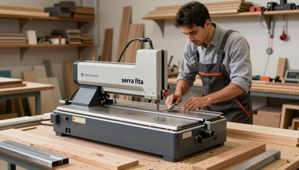 A detailed illustration of a "serra fita" (band saw) in a workshop environment, showcasing its versatility. In the foreground, a well-maintained band saw with a visible blade ready for cutting, surrounded by various materials such as wood, metal, and plastic, illustrating its multi-purpose functionality. The middle ground features a carpenter, dressed in professional business attire, focused on making precise cuts. The background shows shelves filled with different raw materials and tools, with warm, natural lighting highlighting the workshop's atmosphere. The composition should convey a sense of professionalism and craftsmanship, capturing the essence of woodworking and metalworking industries. Emphasize the logo "Galpão das máquinas" subtly positioned on the band saw.