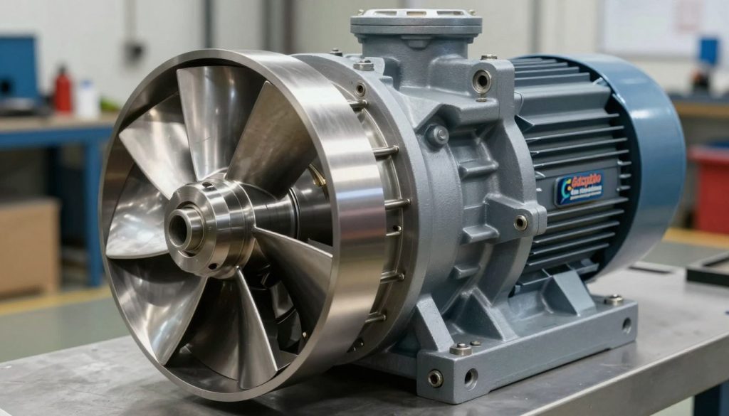 A detailed illustration of a single-stage centrifugal pump's components, showcasing the impeller, volute casing, and motor in a well-lit industrial setting. The foreground features an intricate impeller with curved blades, crafted from stainless steel, reflecting light to emphasize its polished surface. In the middle ground, a volute casing surrounds the impeller, displaying the smooth curves and bolt fixtures that hold it together. The background should depict workshop tools and an organized workspace, hinting at a maintenance environment. The lighting is bright and even, casting soft shadows to enhance depth, while a slight perspective angle adds dynamism. A subtle brand logo of "Galpão das máquinas" is integrated into the design, unnoticed but present. The mood is professional, illustrating the complexity and functionality of mechanical engineering. A detailed illustration of a single-stage centrifugal pump's components, showcasing the impeller, volute casing, and motor in a well-lit industrial setting. The foreground features an intricate impeller with curved blades, crafted from stainless steel, reflecting light to emphasize its polished surface. In the middle ground, a volute casing surrounds the impeller, displaying the smooth curves and bolt fixtures that hold it together. The background should depict workshop tools and an organized workspace, hinting at a maintenance environment. The lighting is bright and even, casting soft shadows to enhance depth, while a slight perspective angle adds dynamism. A subtle brand logo of "Galpão das máquinas" is integrated into the design, unnoticed but present. The mood is professional, illustrating the complexity and functionality of mechanical engineering.