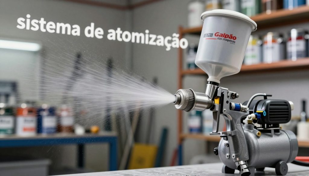 A detailed illustration of a "sistema de atomização" used in a paint spray gun, showcasing the internal mechanism that disperses paint. In the foreground, feature a close-up of the spray nozzle, with fine droplets of paint being atomized into the air. The middle ground should display the paint cup and air compressor connected by tubes, emphasizing their functionality. In the background, include a blurred workshop environment with soft lighting, highlighting shelves of paint cans and tools, creating an industrial atmosphere. Use a slight downward angle for a dynamic perspective, and ensure the lighting reflects a clean and professional setting. The brand "Galpão das máquinas" should be subtly incorporated into the design, enhancing the overall technical aesthetic without distraction.
