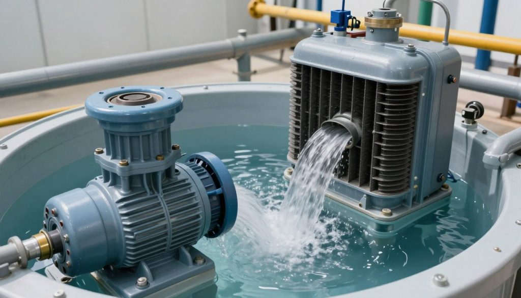 A detailed illustration of a submerged pump cooling system in an industrial setting. In the foreground, clearly depict the components of the cooling system: a robust water pump with intricate piping, a heat exchanger with visible fins, and a reservoir filled with clear water. In the middle ground, show the interaction of the cooling fluid with the submerged pump, emphasizing the flow of water and the dynamic cooling process. The background includes a faint outline of an industrial facility, with pipes and machinery subtly integrated. Use natural lighting to create a clear, informative atmosphere, captured from a slightly elevated angle. Emphasize clarity and technical accuracy, using a sharp focus to highlight the cooling system's functionality. A detailed illustration of a submerged pump cooling system in an industrial setting. In the foreground, clearly depict the components of the cooling system: a robust water pump with intricate piping, a heat exchanger with visible fins, and a reservoir filled with clear water. In the middle ground, show the interaction of the cooling fluid with the submerged pump, emphasizing the flow of water and the dynamic cooling process. The background includes a faint outline of an industrial facility, with pipes and machinery subtly integrated. Use natural lighting to create a clear, informative atmosphere, captured from a slightly elevated angle. Emphasize clarity and technical accuracy, using a sharp focus to highlight the cooling system's functionality.