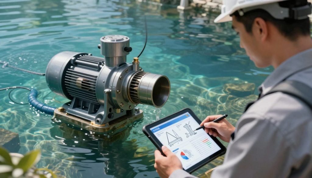 A detailed illustration of a submerged pump installation process in a clear, flowing body of water. In the foreground, show a professional engineer in business attire inspecting pump specifications on a waterproof tablet, with focus on various pump diagrams and performance metrics displayed. In the middle ground, depict the submerged pump with detailed components like the motor, impeller, and discharge pipe, capturing its mechanical intricacies. The background should illustrate a serene aquatic environment, with light filtering through the water surface, creating a calm yet professional atmosphere. Use natural lighting to highlight the pump and the engineer’s focused expression, emphasizing the importance of correct sizing and the common mistakes that can occur during the dimensioning process.