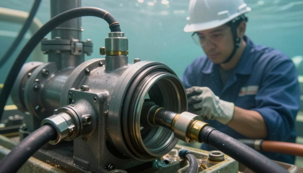A detailed illustration of a submerged pump seal installation in an industrial setting. In the foreground, focus on a close-up of the mechanical components, showcasing the seal and the connecting hoses, with clear textures and metallic finishes. In the middle ground, depict a professional technician in a safety helmet and gloves, carefully inspecting the installation process, highlighting their serious demeanor. The background should portray an underwater environment, with hints of murky water and sunlight filtering through. Use soft, diffused lighting to enhance the mood, emphasizing the technical nature of the task while creating a sense of depth. Capture the image at a slightly angled perspective to accentuate the layers of the installation.