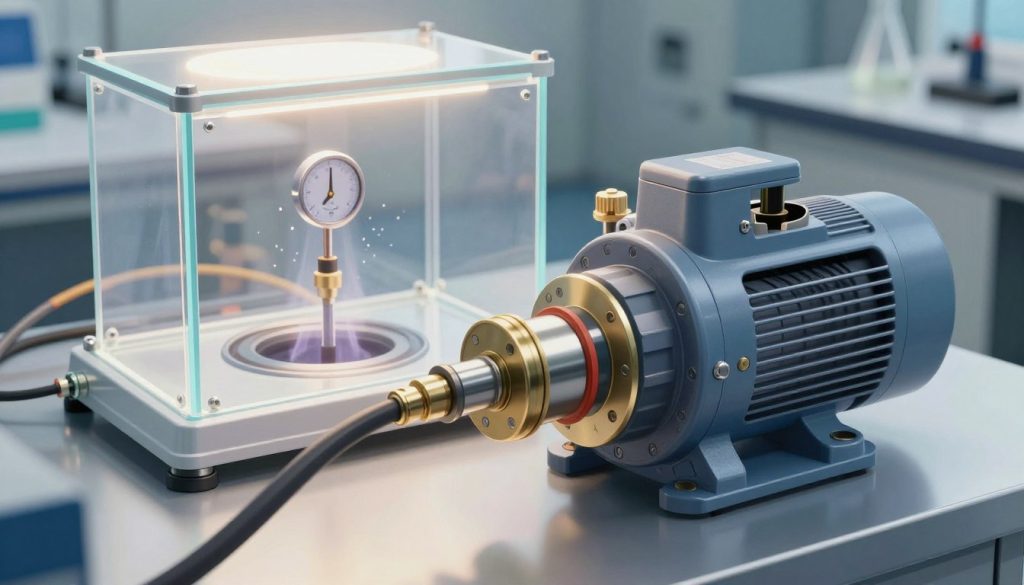 A detailed illustration of a vacuum pump in action, emphasizing its mechanical components and functioning principles. In the foreground, capture a close-up of the pump with visible hoses, seals, and electrical connections, showcasing the dynamic movement of internal parts. In the middle ground, depict a transparent chamber that highlights the vacuum creation process, with particles being drawn in and pressure indicators showing low levels. The background should feature a laboratory setting with clean, metallic surfaces and scientific instruments subtly blurred, enhancing focus on the pump. Soft, bright lighting illuminating the pump from above creates a clinical atmosphere, while a slight perspective angle adds depth, emphasizing the complexity of the technology.