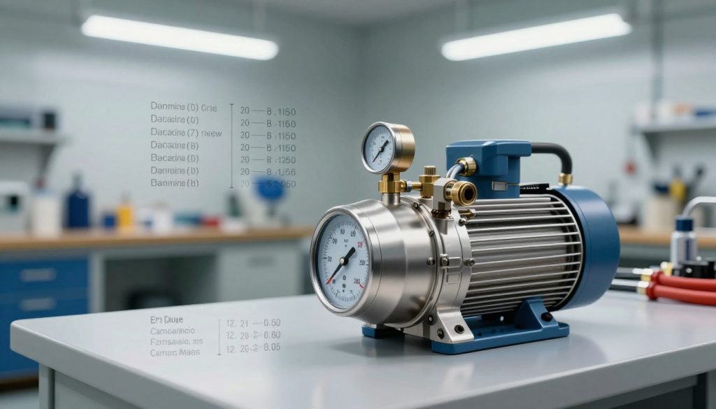 A detailed illustration of a vacuum pump, showcasing its technical features in a professional setting. In the foreground, display the vacuum pump prominently, highlighting its metal casing, gauges, and connecting tubes with reflections from overhead lights. In the middle, include an array of technical specifications, such as pressure measurements and flow rates, subtly rendered as part of the scene. In the background, arrange a clean workshop environment with tools and equipment, illuminated by bright, focused lighting to enhance clarity. Use a shallow depth of field for an artistic touch, focusing on the vacuum pump while softly blurring the background. The atmosphere should be informative and technical, creating a sense of precision and professionalism.