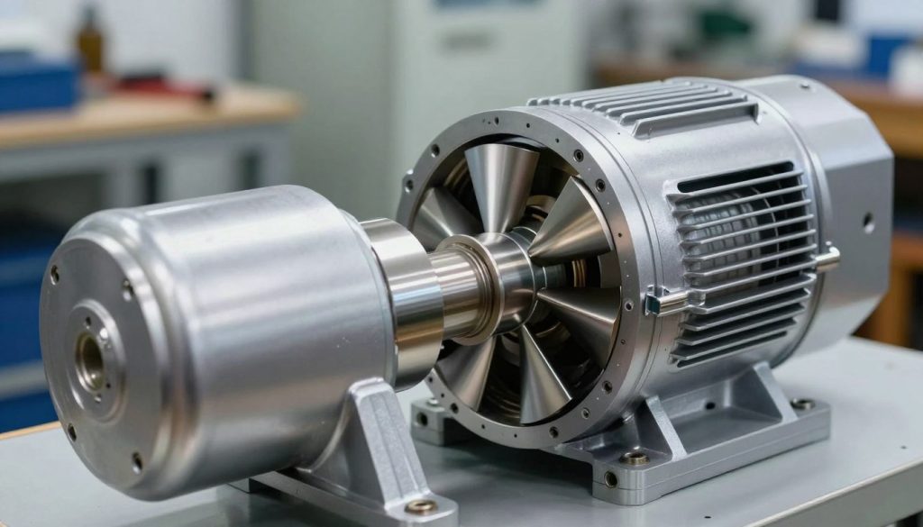 A detailed illustration of a vane vacuum pump, showcasing its inner mechanics and working principles. In the foreground, focus on the pump’s exterior featuring industrial-grade metal with polished and matte textures. The middle ground should reveal a cutaway view displaying the internal vanes and rotors, allowing a glimpse of how they function together to create a vacuum. The background should blur slightly, suggesting a workshop setting with tools and machinery, enhancing the technical atmosphere. Illuminate the scene with bright, white LED lighting to highlight the metallic surfaces and intricate details. Use a slight low-angle perspective to emphasize the size and complexity of the pump, creating a sense of depth and engagement for the viewer. The overall mood should be informative and professional, suitable for an educational context. A detailed illustration of a vane vacuum pump, showcasing its inner mechanics and working principles. In the foreground, focus on the pump’s exterior featuring industrial-grade metal with polished and matte textures. The middle ground should reveal a cutaway view displaying the internal vanes and rotors, allowing a glimpse of how they function together to create a vacuum. The background should blur slightly, suggesting a workshop setting with tools and machinery, enhancing the technical atmosphere. Illuminate the scene with bright, white LED lighting to highlight the metallic surfaces and intricate details. Use a slight low-angle perspective to emphasize the size and complexity of the pump, creating a sense of depth and engagement for the viewer. The overall mood should be informative and professional, suitable for an educational context.