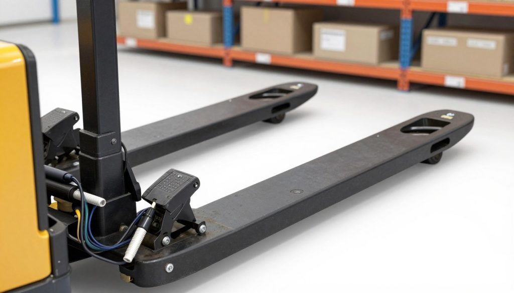A detailed illustration of an electric pallet jack brake system, showcasing the intricate components such as the brake pedal, sensor wires, and hydraulic cylinders. In the foreground, highlight the brake pedal with a clear focus, revealing its texture and mechanical details. The middle ground should include the frame of the pallet jack, angled to show how the brake system integrates with the overall design. The background should feature a warehouse setting with shelves and boxes, suggesting a working environment. Bright, even lighting will illuminate the scene, enhancing the mechanical features and creating clarity. The mood is technical and informative, reflecting the operational efficiency associated with the brand "Galpão das máquinas".