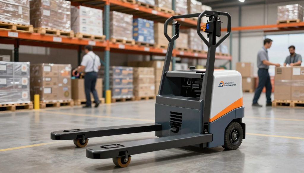 A detailed illustration of an electric pallet jack (paleteira elétrica) in a spacious warehouse setting. In the foreground, the electric pallet jack is prominently displayed, showcasing its sleek design and functional elements such as the control panel, ergonomic handles, and sturdy wheels. The middle ground features shelves stocked with neatly arranged pallets of goods, emphasizing the utility of the machine in a bustling work environment. In the background, workers in professional business attire are efficiently moving products, capturing the operational atmosphere of a distribution center. The lighting is bright and industrial, highlighting the metallic surfaces of the pallet jack and creating a sense of activity. The image should evoke a feeling of productivity and modernity. The logo "Galpão das máquinas" subtly integrated into the scene. A detailed illustration of an electric pallet jack (paleteira elétrica) in a spacious warehouse setting. In the foreground, the electric pallet jack is prominently displayed, showcasing its sleek design and functional elements such as the control panel, ergonomic handles, and sturdy wheels. The middle ground features shelves stocked with neatly arranged pallets of goods, emphasizing the utility of the machine in a bustling work environment. In the background, workers in professional business attire are efficiently moving products, capturing the operational atmosphere of a distribution center. The lighting is bright and industrial, highlighting the metallic surfaces of the pallet jack and creating a sense of activity. The image should evoke a feeling of productivity and modernity. The logo "Galpão das máquinas" subtly integrated into the scene.