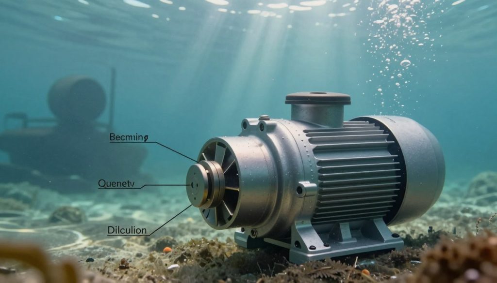 A detailed illustration of an underwater submersible pump, emphasizing its key components affecting lifespan. In the foreground, show the pump with clear labeling of parts such as the motor, impeller, and housing, all depicted in a realistic metallic finish. The middle ground features murky water with small bubbles rising, hinting at motion around the pump. In the background, soft silhouettes of submerged machinery provide context without distraction. The lighting should simulate a natural underwater ambiance, with beams of light filtering from above, creating a serene yet industrial feel. The angle should be slightly tilted upward from below the pump, drawing attention to its design and context, aiming for a knowledgeable and professional atmosphere.