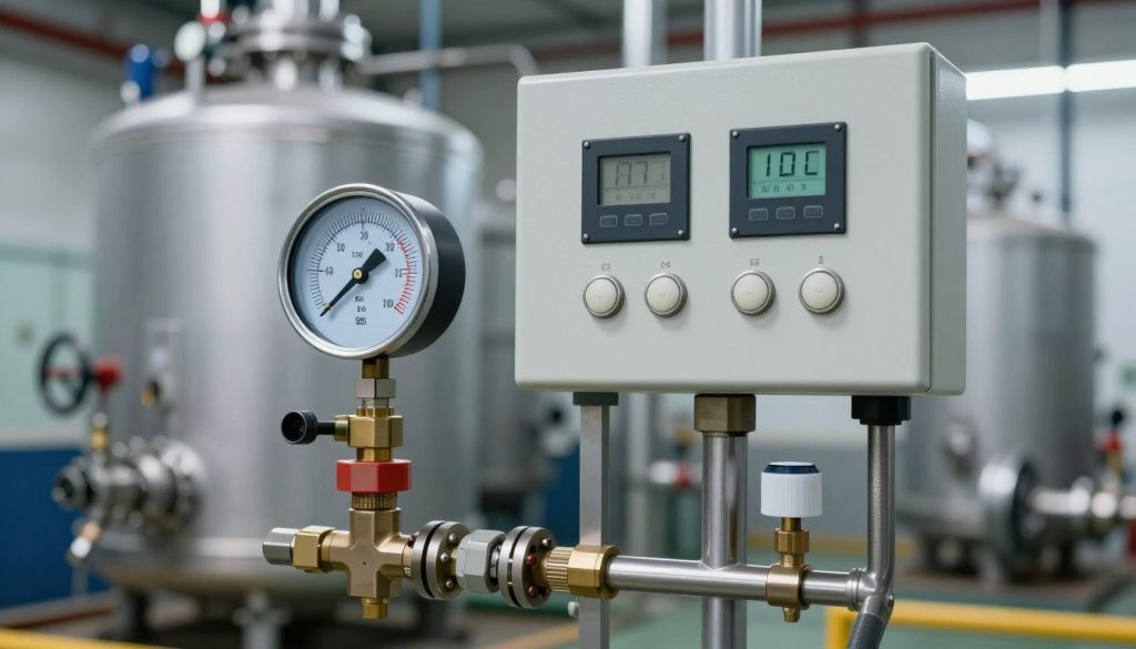 A detailed illustration of boiler safety instruments, focusing on level and temperature control devices. In the foreground, showcase a high-tech pressure gauge with clear markings, a float switch, and a temperature sensor, highlighting their intricate designs. The middle ground features a sleek control panel with digital readouts and buttons, elegantly mounted on a stainless steel framework. In the background, depict a modern industrial boiler, showcasing pipes and valves, bathed in soft, ambient lighting to create a safe atmosphere. The angle should be slightly elevated, offering a comprehensive view of the instruments while capturing the essence of safety compliance. The overall mood is professional and technical, emphasizing the importance of safety in boiler operation, without any text or overlays. A detailed illustration of boiler safety instruments, focusing on level and temperature control devices. In the foreground, showcase a high-tech pressure gauge with clear markings, a float switch, and a temperature sensor, highlighting their intricate designs. The middle ground features a sleek control panel with digital readouts and buttons, elegantly mounted on a stainless steel framework. In the background, depict a modern industrial boiler, showcasing pipes and valves, bathed in soft, ambient lighting to create a safe atmosphere. The angle should be slightly elevated, offering a comprehensive view of the instruments while capturing the essence of safety compliance. The overall mood is professional and technical, emphasizing the importance of safety in boiler operation, without any text or overlays.
