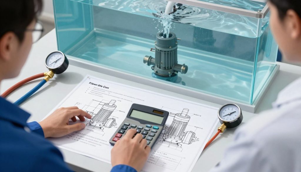 A detailed illustration of calculating the flow rate of a submerged pump, featuring a technical workspace. In the foreground, display a person in professional attire, using a calculator and reviewing diagrams of pump systems. The middle ground showcases blueprints and flow rate equations on a desk, surrounded by measuring tools like a flow meter and hoses. In the background, a large, transparent water tank reveals a small, submerged pump in action, with water visibly flowing out. The scene should be well-lit, emphasizing clarity and precision, creating a focused and analytical atmosphere. Use a slight overhead angle to capture the workspace dynamics, ensuring the viewer feels immersed in the task of calculating flow rate effectively.