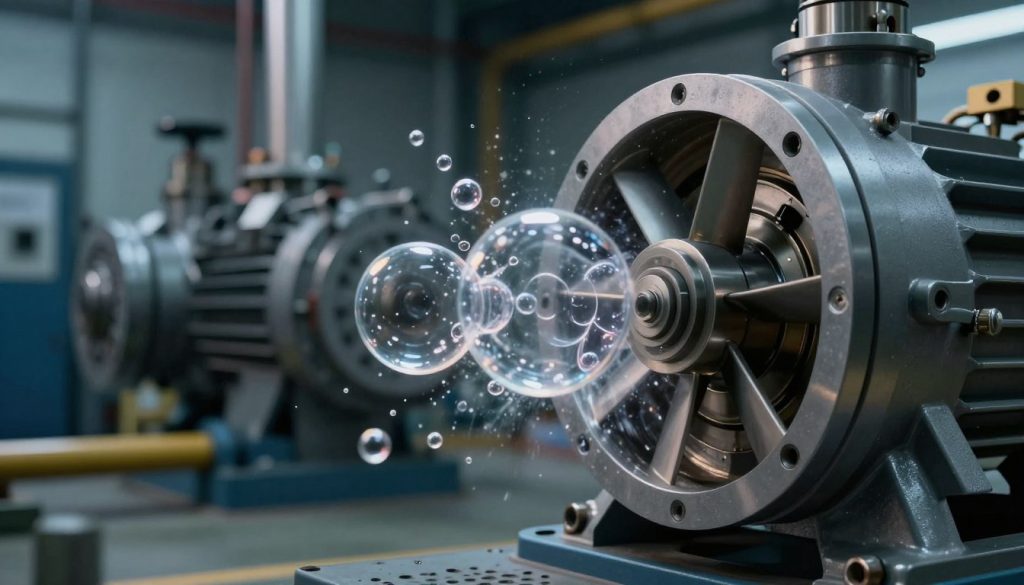 A detailed illustration of cavitation in hydraulic pumps, focusing on the moment when vapor bubbles implode within the pump casing. In the foreground, depict a close-up of the pump's rotor and impeller, showcasing the bubbles forming and collapsing, creating visible shockwaves. In the middle ground, include the hydraulic pump, capturing its intricate design and structural elements, such as valves and ports. The background should feature an industrial setting with pipes and machinery, slightly blurred to emphasize the pump. The lighting is dramatic, highlighting the bubbles with a soft glow against a darker ambient background, conveying tension and the potential for damage. Use a macro lens effect to enhance the details intricately, evoking a sense of urgency and technical focus.