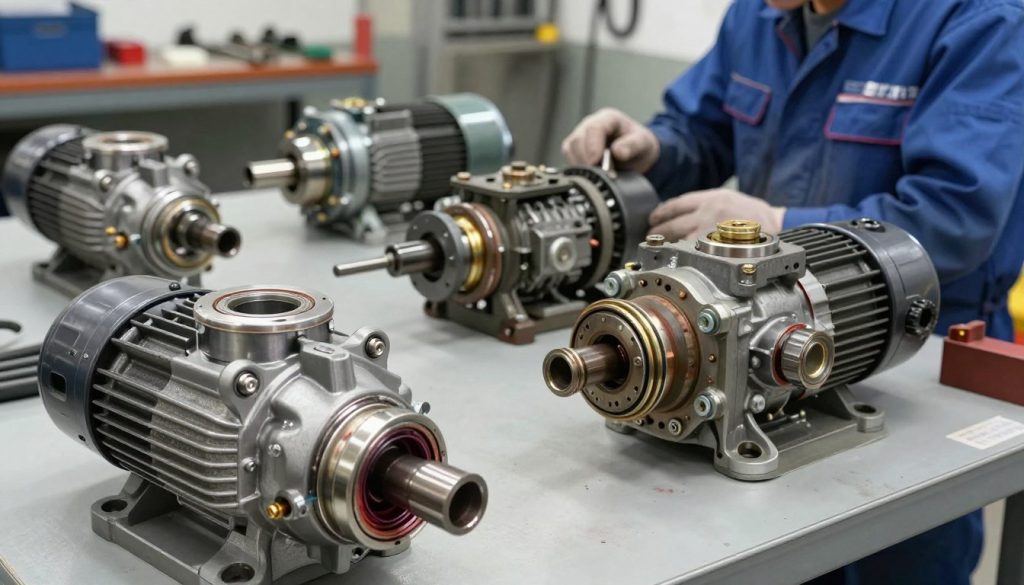 A detailed illustration of common hydraulic pump failures, showcasing various types of pumps in a workshop environment. In the foreground, a close-up view of a malfunctioning hydraulic pump displaying visible leakage and damaged seals. In the middle ground, an assortment of hydraulic pumps with distinct failure characteristics, including bent shafts, corroded bodies, and worn-out fittings. In the background, tools and a mechanic working in professional attire, analyzing the components under bright, focused lighting. The atmosphere conveys a technical, educational tone, emphasizing the importance of maintenance and understanding pump failures. The image should have a realistic style, captured from a slightly elevated angle to provide a comprehensive view, with crisp details and natural colors. A detailed illustration of common hydraulic pump failures, showcasing various types of pumps in a workshop environment. In the foreground, a close-up view of a malfunctioning hydraulic pump displaying visible leakage and damaged seals. In the middle ground, an assortment of hydraulic pumps with distinct failure characteristics, including bent shafts, corroded bodies, and worn-out fittings. In the background, tools and a mechanic working in professional attire, analyzing the components under bright, focused lighting. The atmosphere conveys a technical, educational tone, emphasizing the importance of maintenance and understanding pump failures. The image should have a realistic style, captured from a slightly elevated angle to provide a comprehensive view, with crisp details and natural colors.