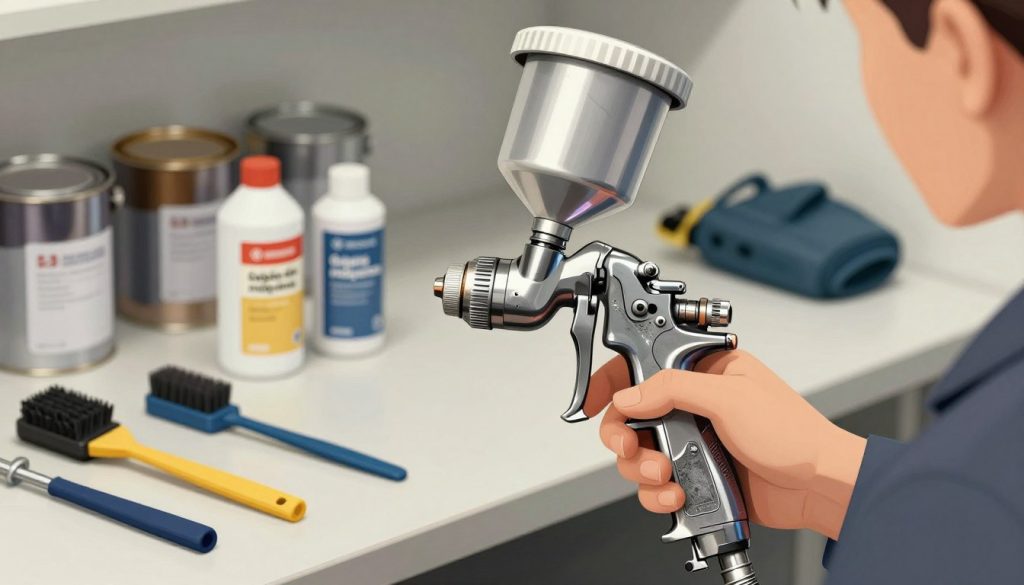 A detailed illustration of common problems with paint spray guns, showing a close-up view of a spray gun from the perspective of a technician inspecting it. The foreground features the spray gun with visible issues like clogs and leaks, highlighted for clarity. In the middle ground, include tools such as cleaning brushes and lubricants arranged neatly, representing maintenance efforts. The background should have a well-organized workshop setting, with paint cans and safety gear for a professional atmosphere. Soft, diffused lighting creates a focused yet inviting mood, emphasizing the importance of preventive maintenance. The brand name "Galpão das máquinas" is subtly incorporated into the design of the workshop, without being overly pronounced.