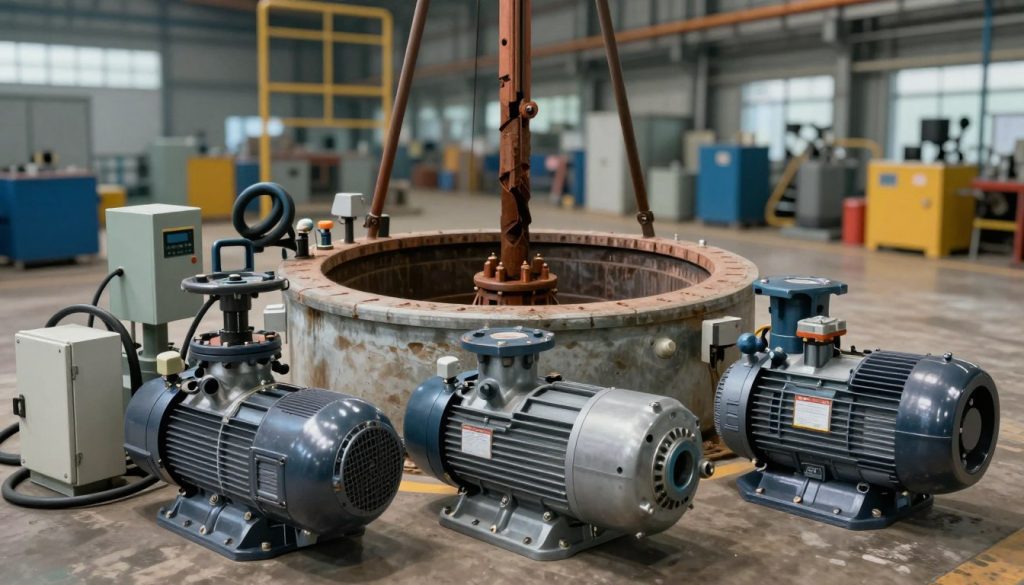 A detailed illustration of deep well pumps in an industrial setting, showcasing various types for different applications. In the foreground, display a collection of submersible pumps, emphasizing their metallic and robust design. Include features like electrical cords and control panels. In the middle ground, illustrate a well shaft boring into the earth with pipes leading out, surrounded by industrial equipment. In the background, depict a factory environment with blurred machinery and ambient lighting, suggesting ongoing operations. The scene is illuminated by soft, diffused lighting to highlight the pumps' details, captured from a low angle to emphasize their scale. The mood is professional and technical, reflecting the complexity and importance of submersible pumps in industrial applications.
