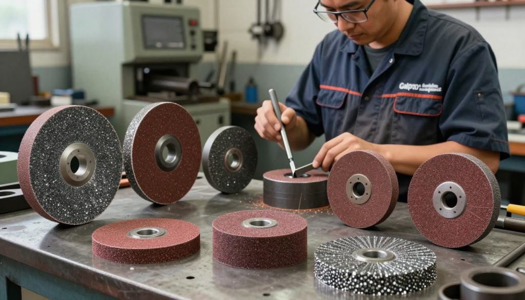 A detailed illustration of different types of grinding wheels used in metallurgy, showcasing a variety of abrasive surfaces. In the foreground, focus on a selection of grinding wheels, including diamond, silicon carbide, and aluminum oxide, arranged neatly on a workbench. The middle ground features a skilled metalworker in professional attire, examining the wheels with tools in hand, embodying focus and expertise. The background should include a well-lit workshop environment with machinery and tools that reflect industrial metalworking. Use soft, even lighting to highlight the texture and details of the grinding wheels. Emphasize a productive atmosphere, conveying precision and craftsmanship associated with “Galpão das máquinas.”