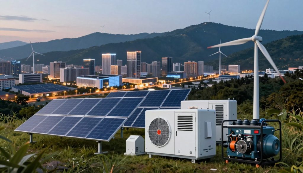 A detailed illustration of energy autonomy systems, featuring various types of generators in a modern landscape. In the foreground, showcase a diverse array of energy generators, such as solar panels, wind turbines, and a compact gas generator, highlighting their unique designs and configurations. In the middle ground, depict a smart city with buildings integrated with renewable energy sources, glowing softly under the evening sky with subtle street lighting, creating a sense of innovation and sustainability. In the background, a mountainous landscape contrasts with wind power elements, creating depth. The atmosphere should evoke a sense of efficiency and harmony, with atmospheric lighting capturing the transition between day and night, hinting at the importance of reliable energy supply. Use a dynamic angle to emphasize the relationship between nature and technology.