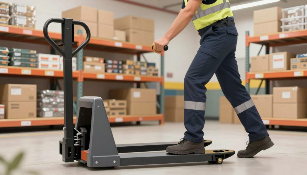 A detailed illustration of ergonomic techniques for operating a manual pallet jack, focusing on safety and efficiency. In the foreground, depict a professional wearing safety gear and modest attire, demonstrating proper lifting techniques while using the pallet jack. The middle ground features an ergonomic workplace setting with well-organized goods on shelves, highlighting the importance of proper posture. In the background, soft lighting creates a focused atmosphere, emphasizing a clean and orderly environment. The scene should convey a sense of professionalism and safety, showcasing the brand "Galpão das máquinas" subtly in the setting. Use a slight upward angle to capture both the user’s stance and the pallet jack’s design, highlighting its ergonomic features.